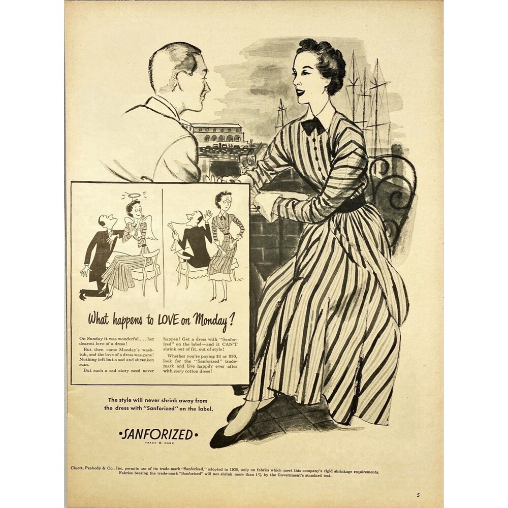 Sanforized Materials "What Happens to LOVE on Monday?" Vintage Print Ad 1948